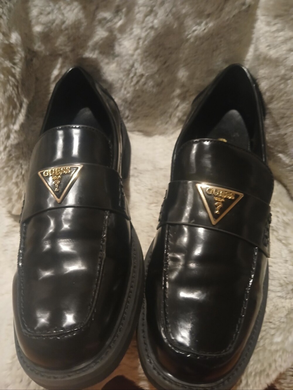 GUESS Black Patent Leather Slip-On Loafers with Gold Triangle Logo